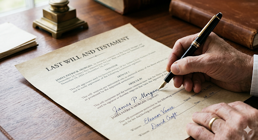 Older man signing a last will and testament document with a fountain pen