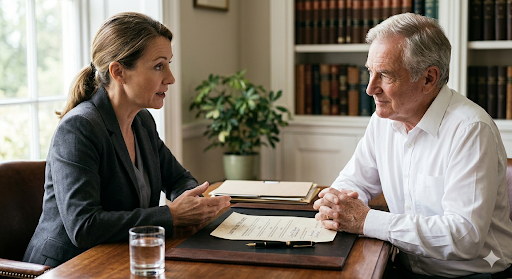 “Older man in consultation with a solicitor discussing his will