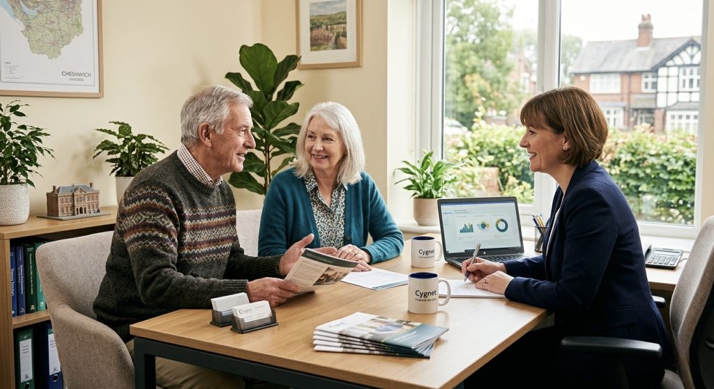 Retired couple discussing remortgage in retirement options with a mortgage adviser.