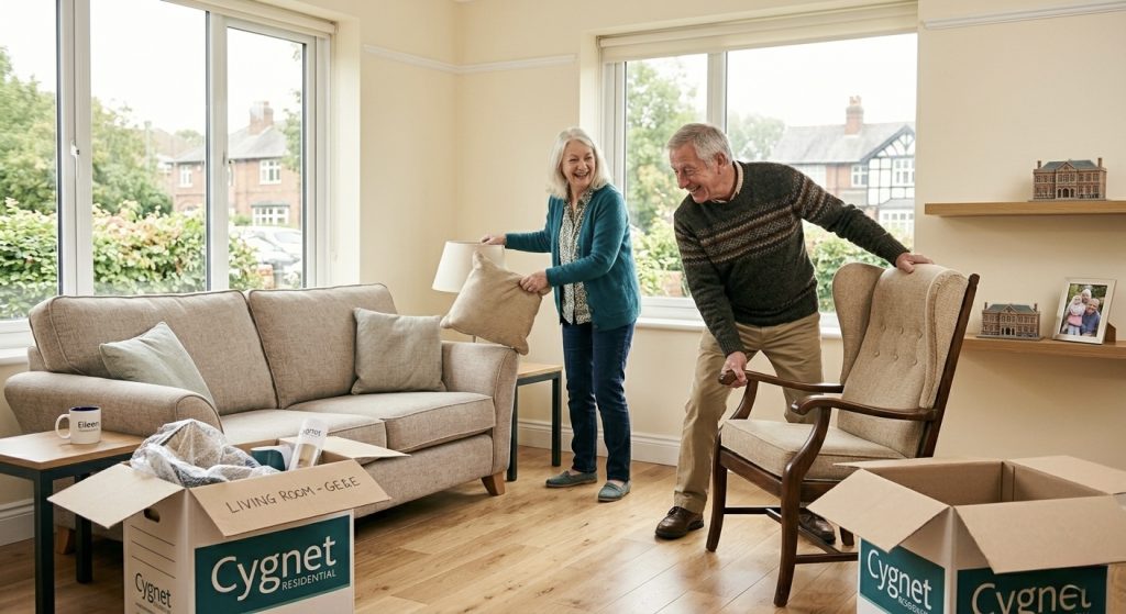 Retired couple settling into their new home after arranging a mortgage after 55
