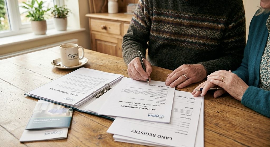 Couple signing paperwork for a later-life interest-only mortgage after 55