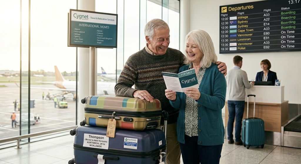 moving abroad in retirement couple at airport with luggage