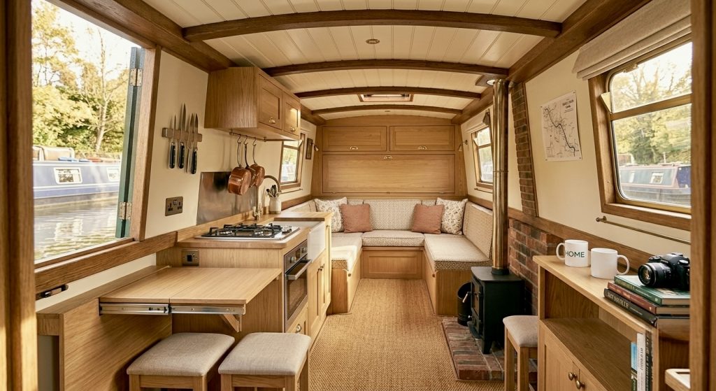 narrowboat living in retirement interior cramped space