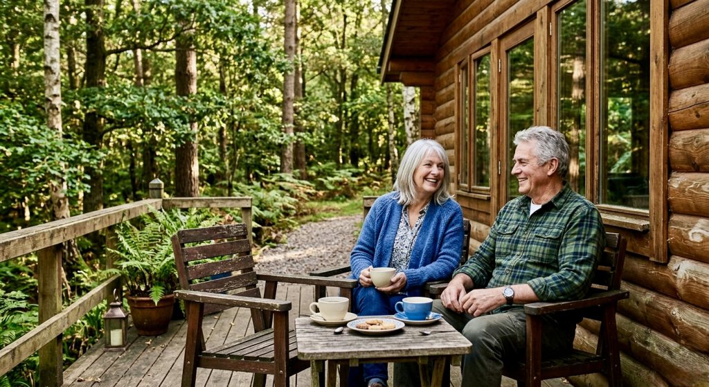 couple over 60s relaxing outside woodland holiday lodge