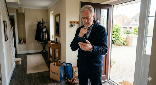 Older man at his front door looking at his phone after receiving a parcel delivery text scam