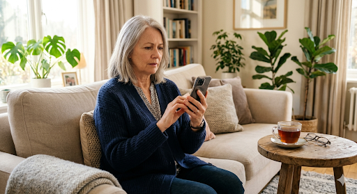 Older woman reading a suspicious parcel delivery text scam message on her phone while sitting on a sofa