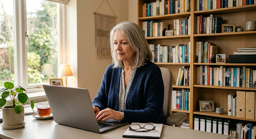 Older woman sitting at a desk reporting a parcel delivery text scam to Action Fraud on her laptop