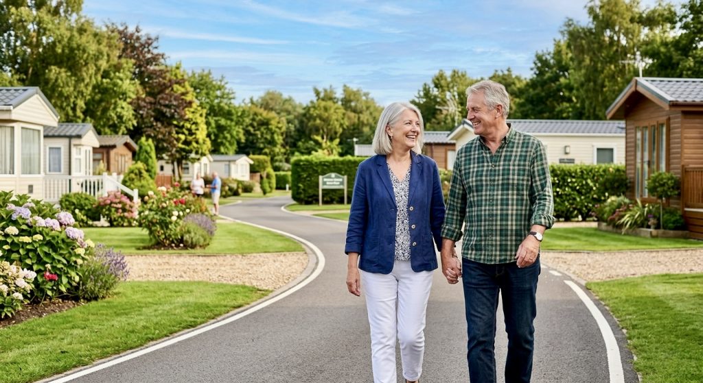 pensioner couple walking holiday park grounds UK