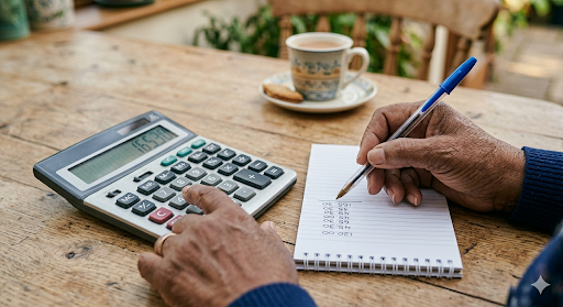Older person calculating savings interest with calculator and notepad