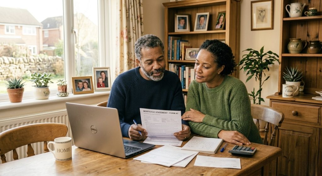 Retired couple reviewing paperwork before a remortgage in retirement application