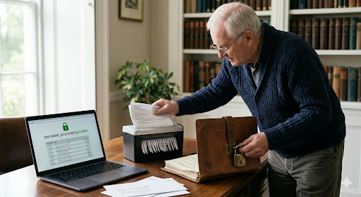 Older man shredding documents next to a locked briefcase and secured laptop to prevent identity fraud