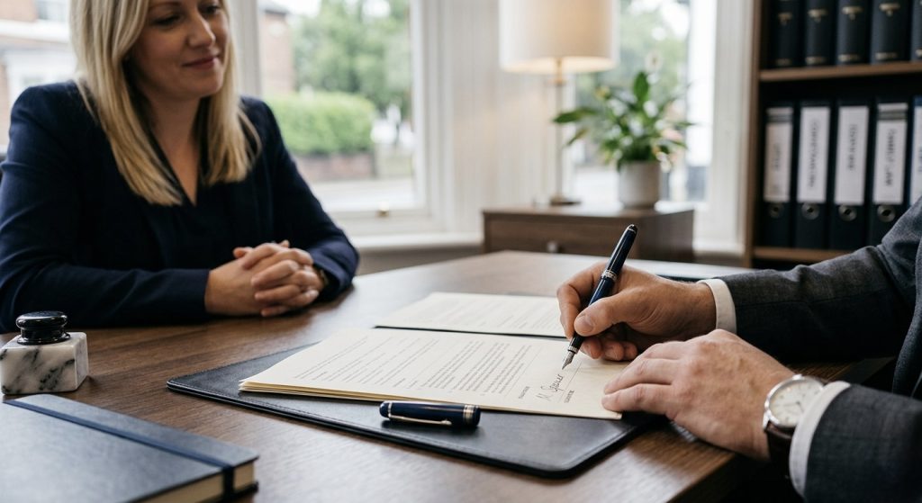 person signing a life insurance in trust form with a solicitor