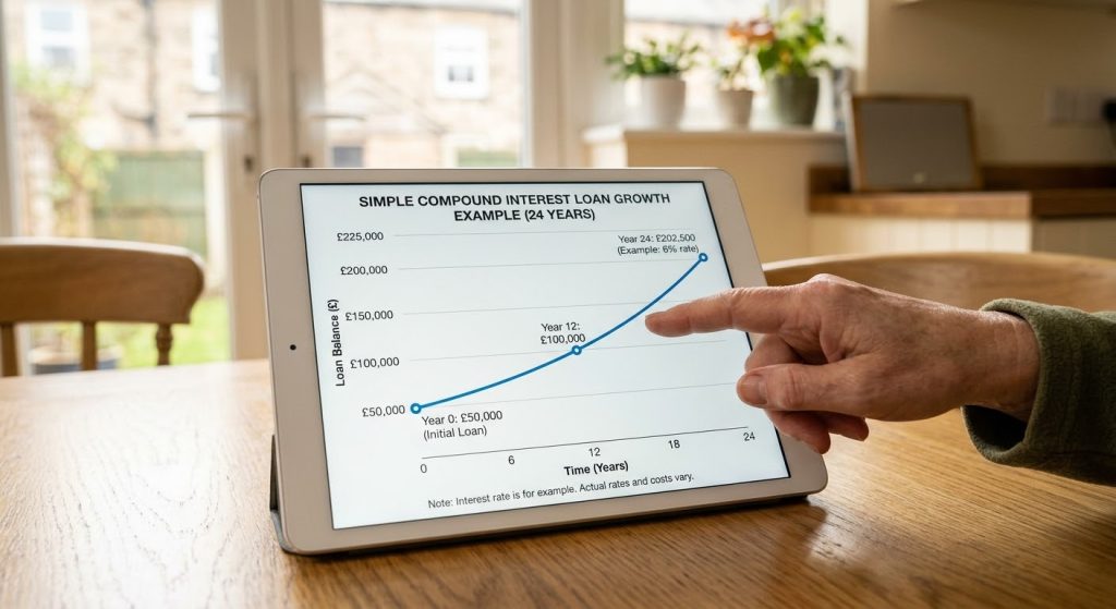 Chart showing how equity release interest compounds against property in retirement
