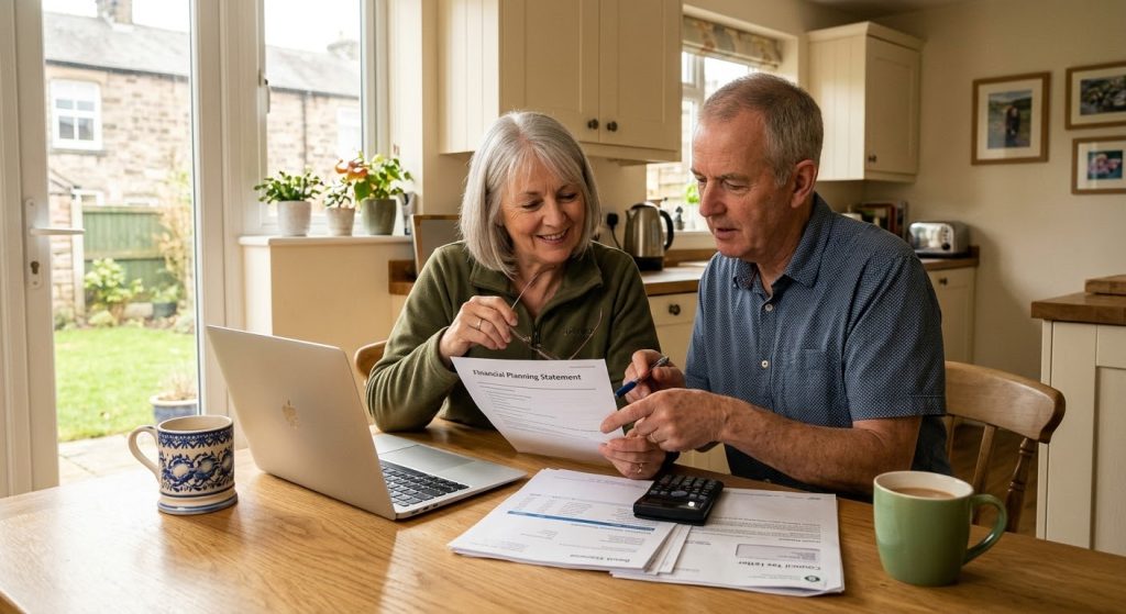 Older couple reviewing options for their property in retirement at their kitchen table