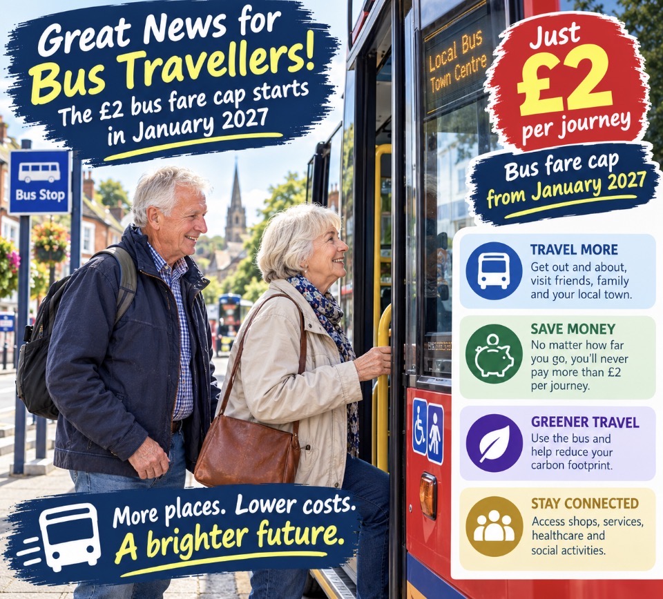 Older couple boarding a local bus in England, £2 bus fare cap from January 2027