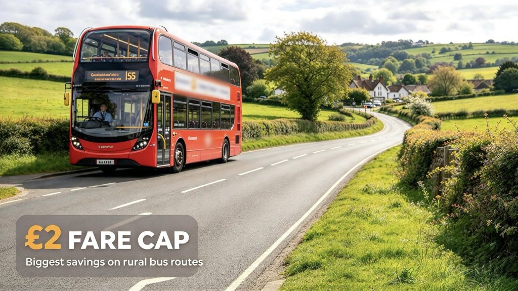 £2 bus fare cap on a rural bus route in the English countryside