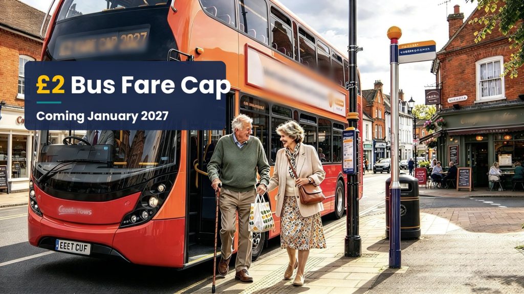 £2 bus fare cap 2027 on a rural bus route in the English countryside