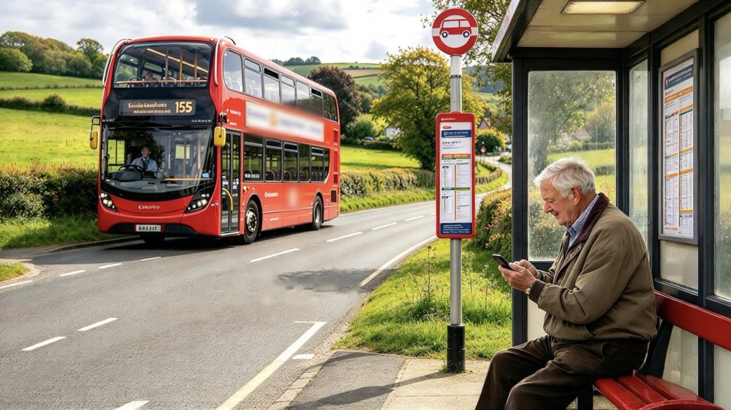Older man checking bus times on a smartphone app at a rural bus shelter