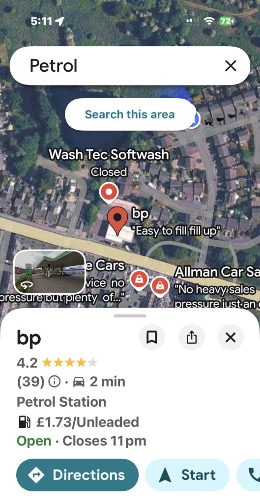 how to save fuel - Google Maps showing live fuel prices at petrol stations near Warrington