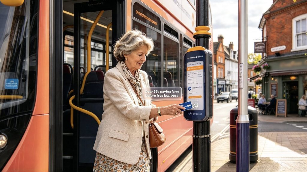 Woman in her late fifties paying a bus fare by contactless card