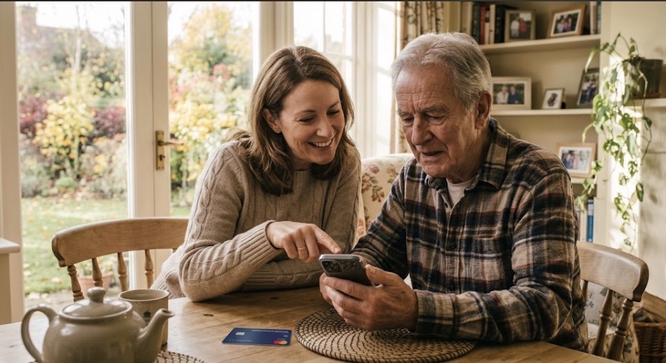 Alt text Older father and adult daughter checking a scam text message together on his phone