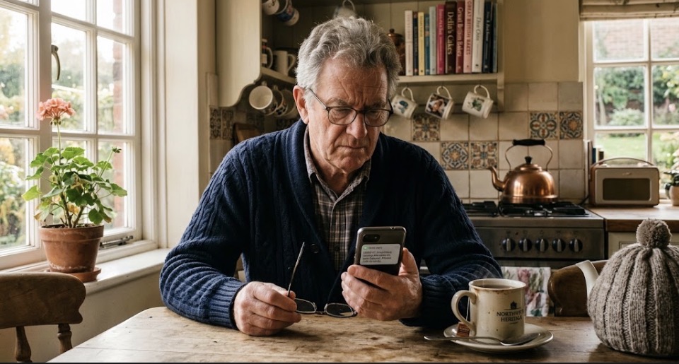 Spot a scam: older man checking a suspicious text message on his phone at the kitchen table