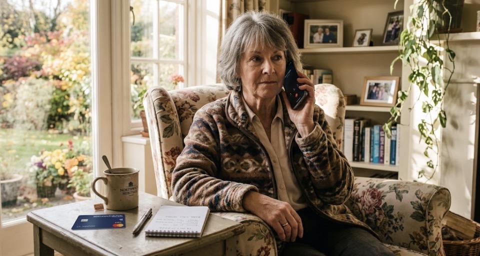 Older woman ending a suspicious phone call before calling her bank back on a trusted number