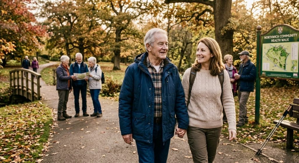 Older man walking with his daughter, staying active in a longer retirement